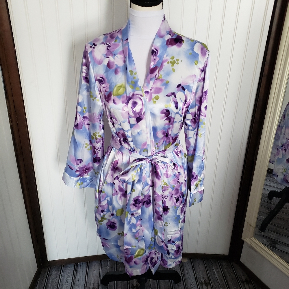 Vintage 90's purple floral silk bathrobe gown - Picture 5 of 6